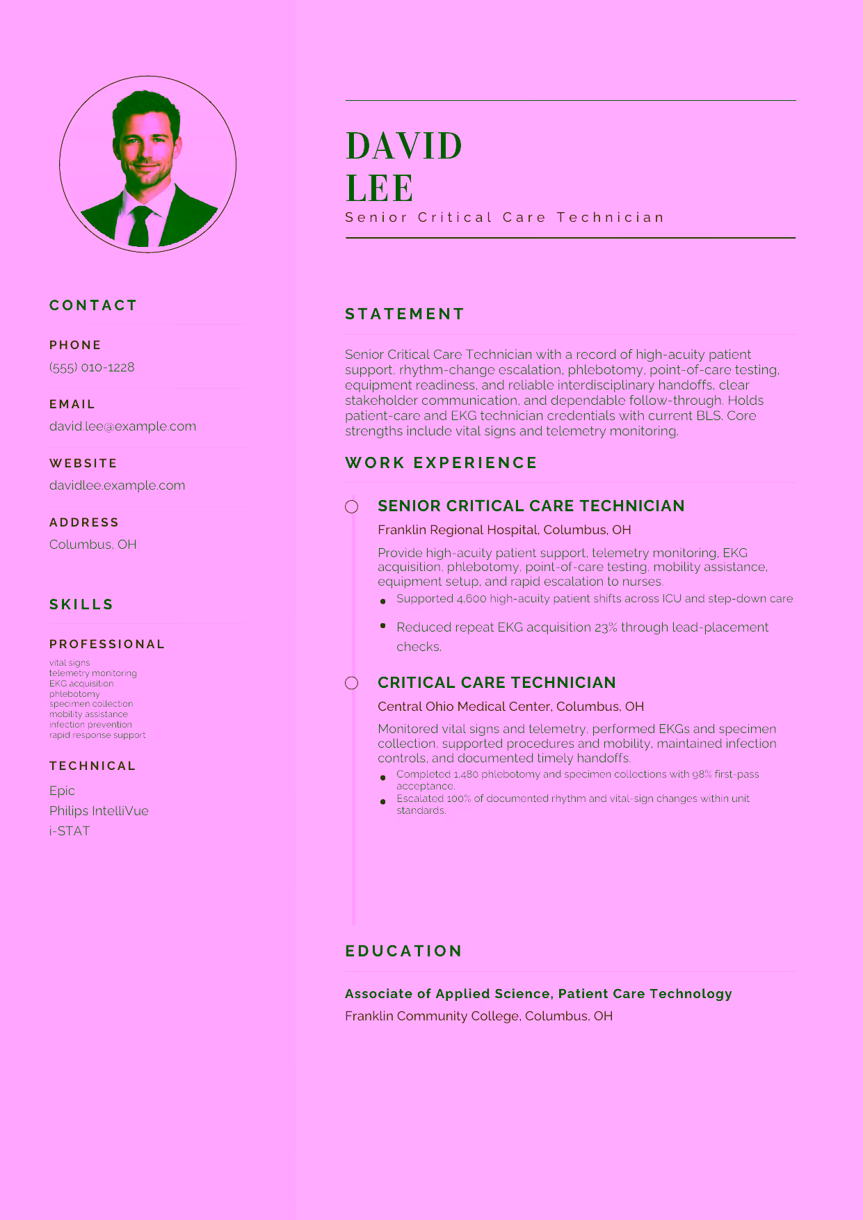 Mid-level Senior Critical Care Technician resume example in the Cetus template focused on high-acuity patient support, rhythm-change escalation, phlebotomy, point-of-care testing, equipment readiness, and reliable interdisciplinary handoffs.