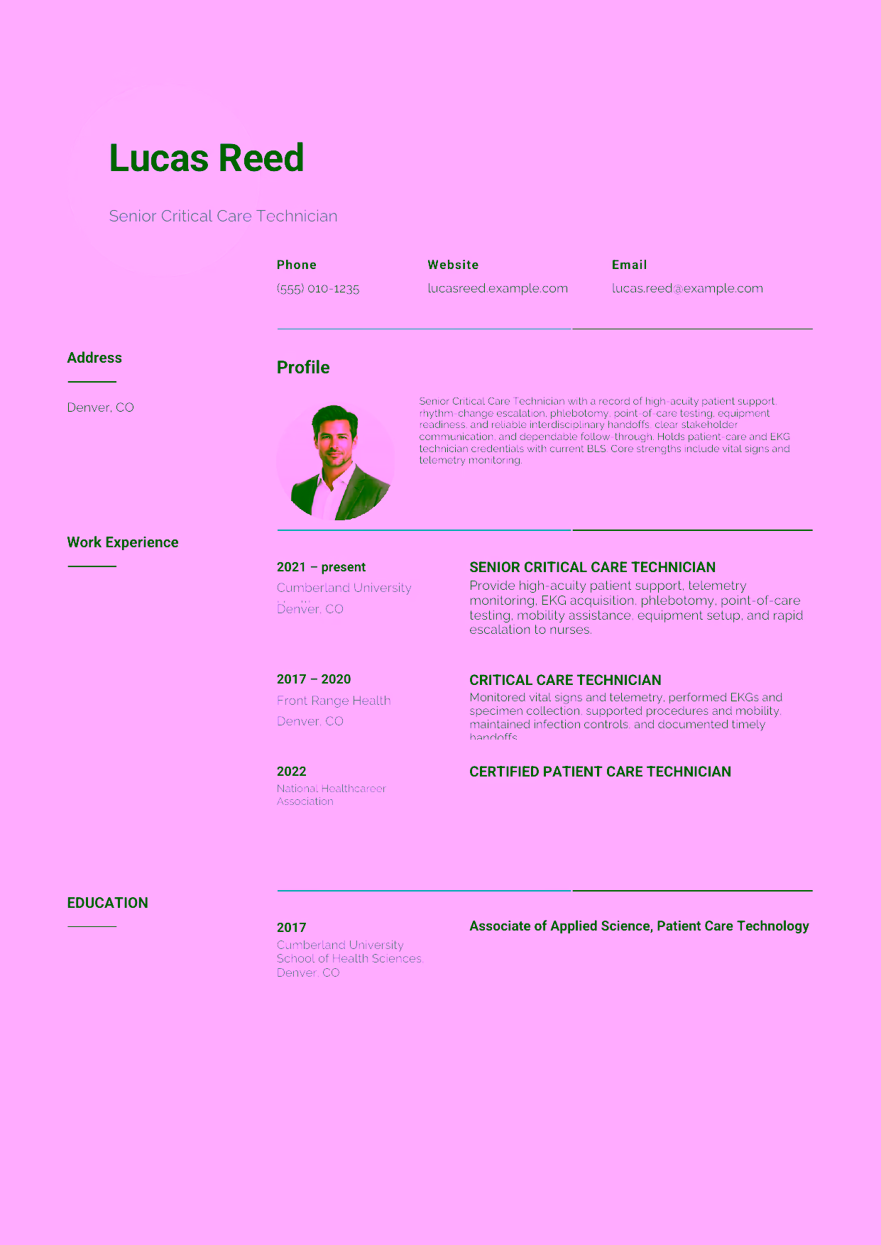 Mid-level Senior Critical Care Technician resume example in the Pavo template focused on high-acuity patient support, rhythm-change escalation, phlebotomy, point-of-care testing, equipment readiness, and reliable interdisciplinary handoffs.