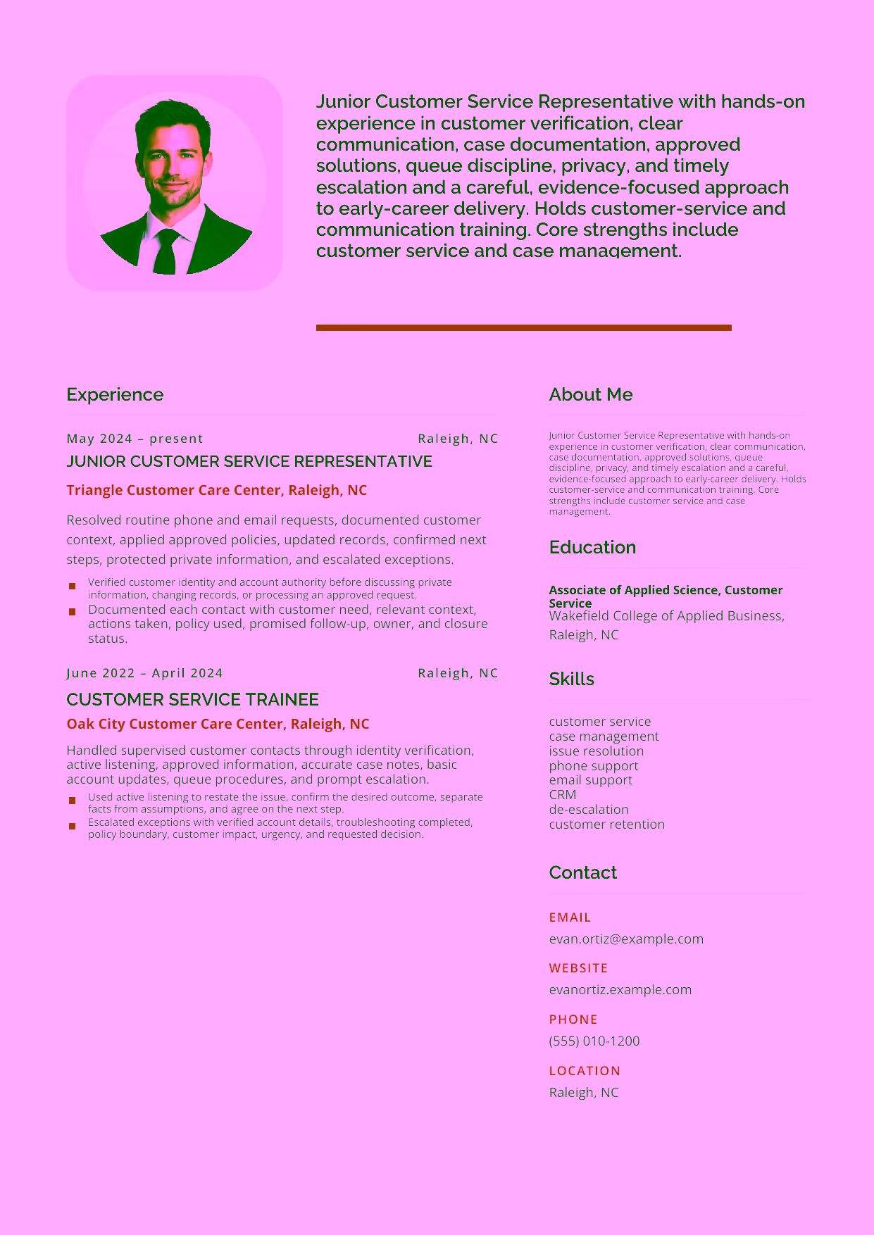 Entry-level Junior Customer Service Representative resume example in the Andromeda template focused on customer verification, clear communication, case documentation, approved solutions, queue discipline, privacy, and timely escalation.