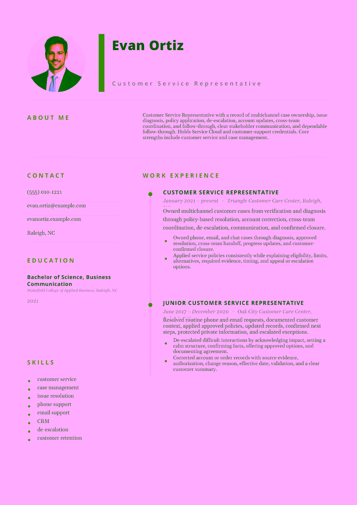 Mid-level Customer Service Representative resume example in the Pegasus template focused on multichannel case ownership, issue diagnosis, policy application, de-escalation, account updates, cross-team coordination, and follow-through.