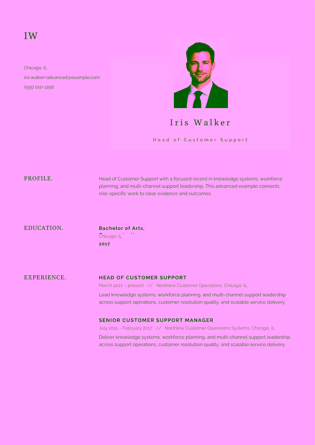Advanced Head of Customer Support resume example in the Norma template focused on knowledge systems, workforce planning, and multi-channel support leadership.