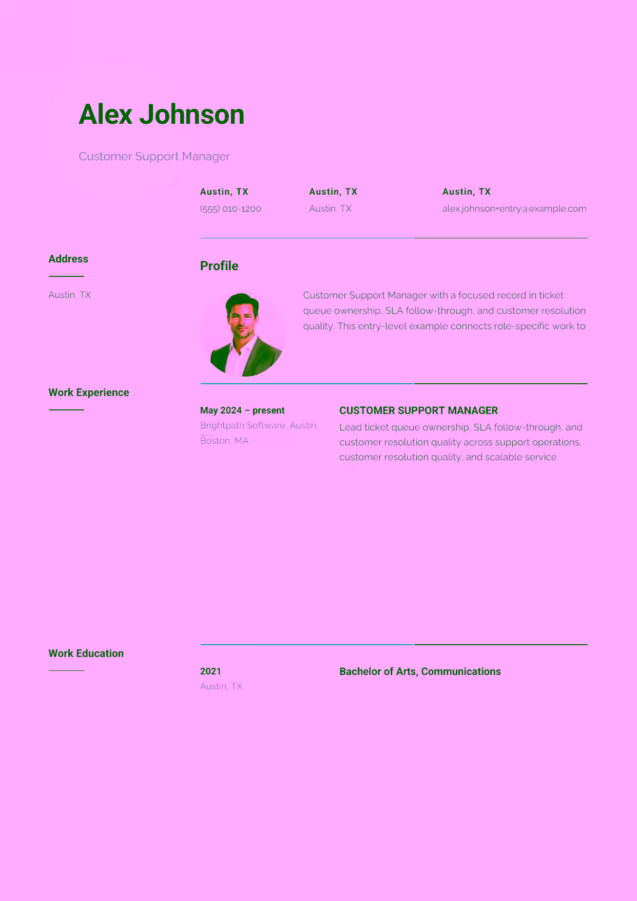 Entry-level Customer Support Manager resume example in the Pavo template focused on ticket queue ownership, SLA follow-through, and customer resolution quality.