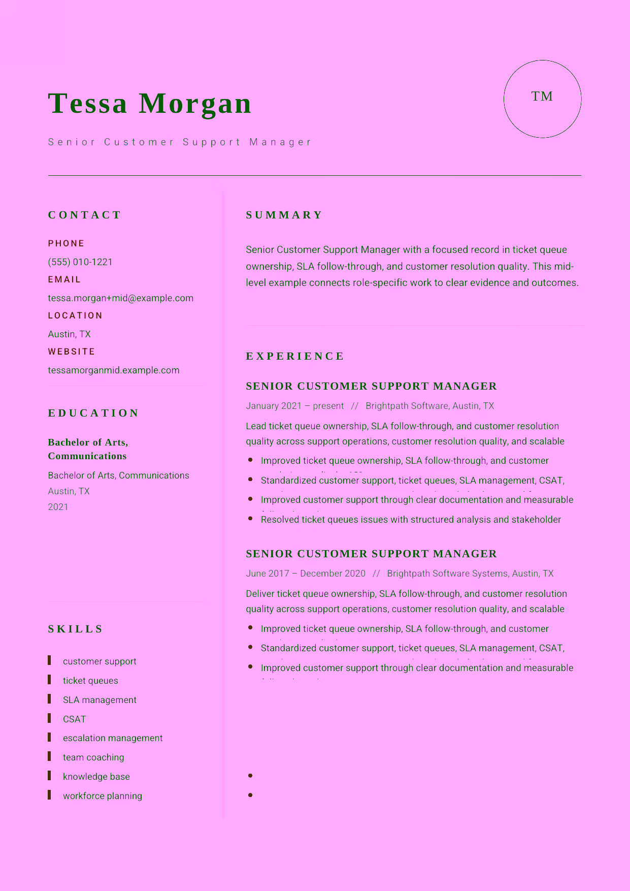 Mid-level Senior Customer Support Manager resume example in the Grus template focused on CSAT improvement, escalation management, and support-team coaching.