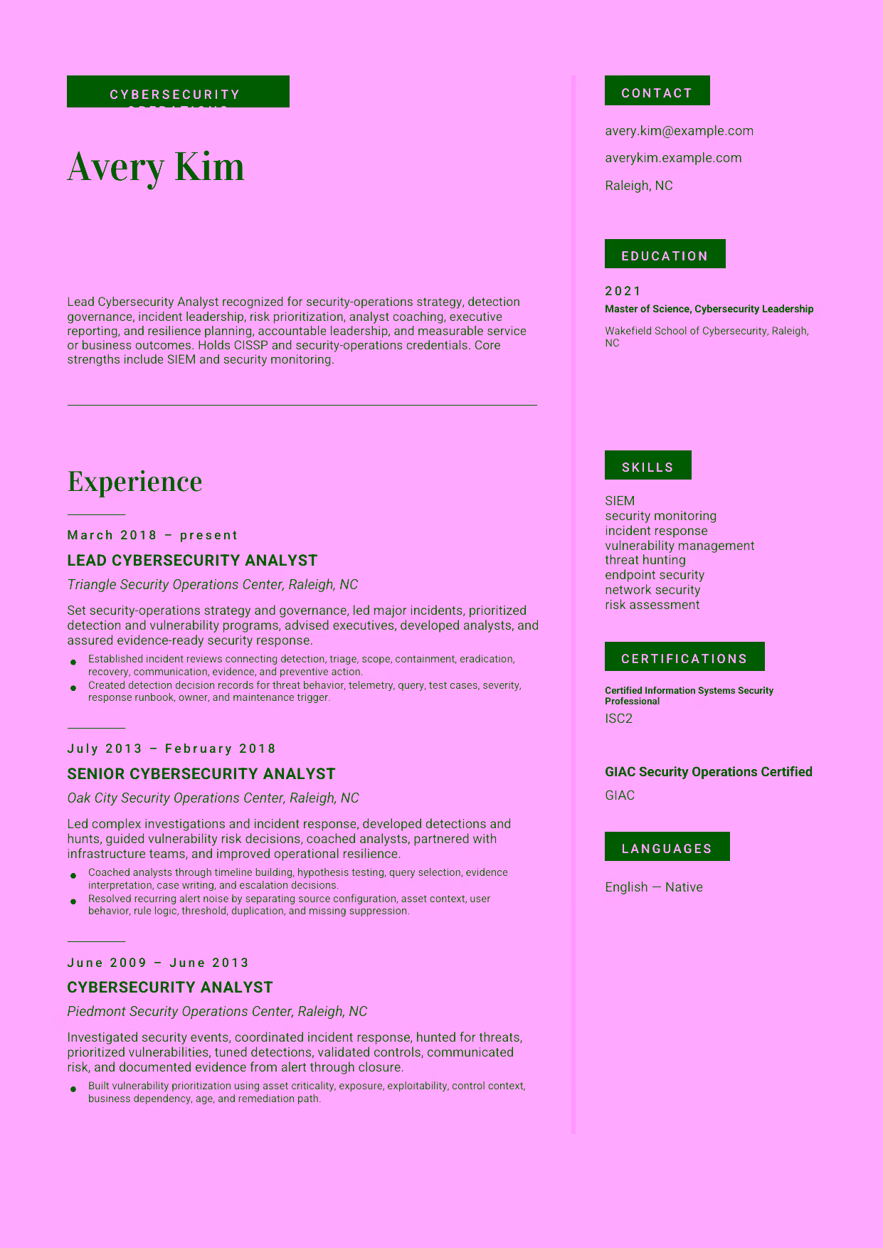 Advanced Lead Cybersecurity Analyst resume example in the Aquila template focused on security-operations strategy, detection governance, incident leadership, risk prioritization, analyst coaching, executive reporting, and resilience planning.
