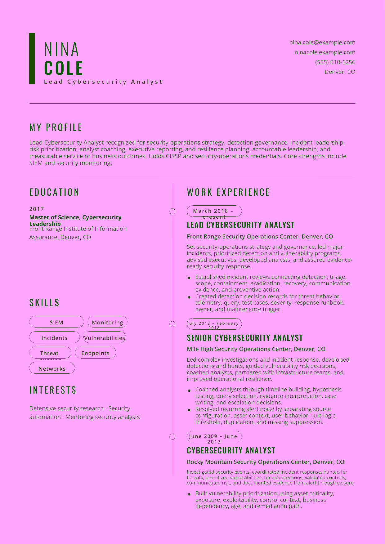 Advanced Lead Cybersecurity Analyst resume example in the Caelum template focused on security-operations strategy, detection governance, incident leadership, risk prioritization, analyst coaching, executive reporting, and resilience planning.