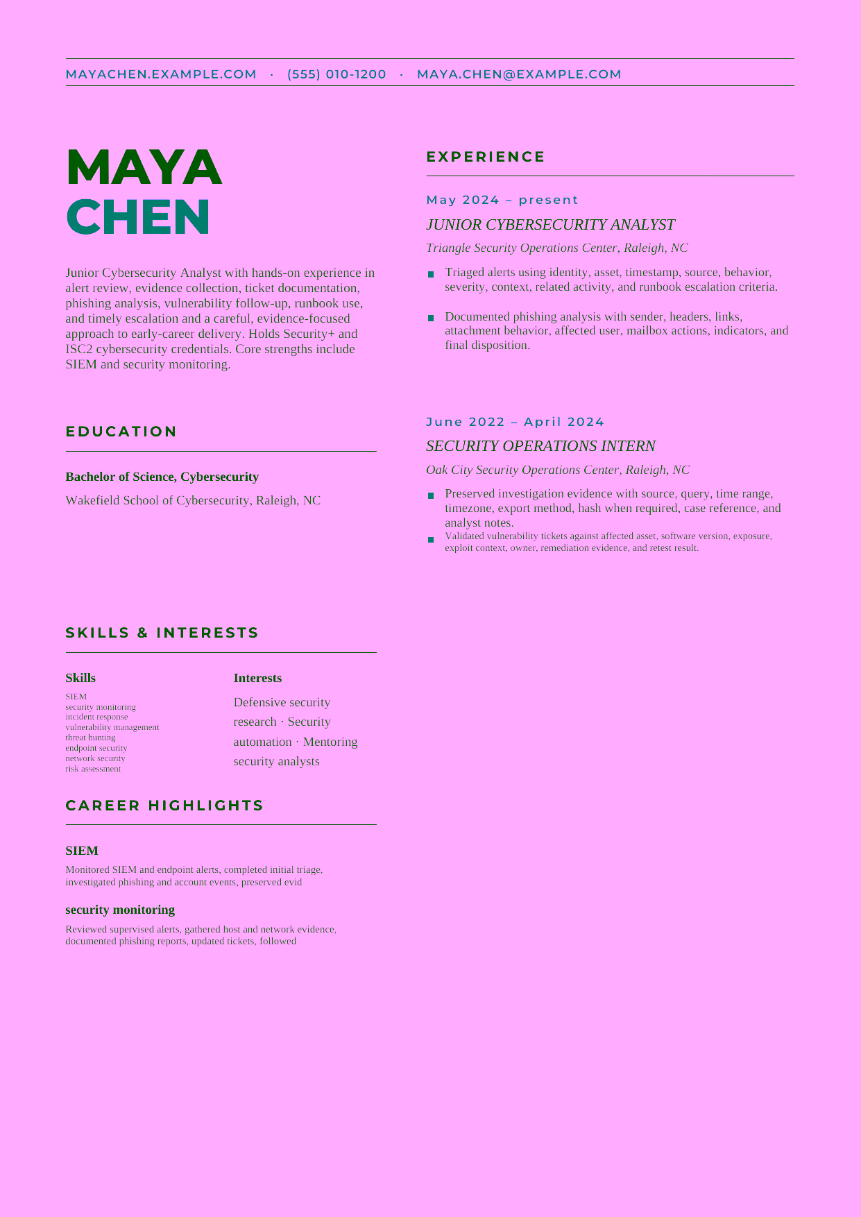 Entry-level Junior Cybersecurity Analyst resume example in the Bootes template focused on alert review, evidence collection, ticket documentation, phishing analysis, vulnerability follow-up, runbook use, and timely escalation.
