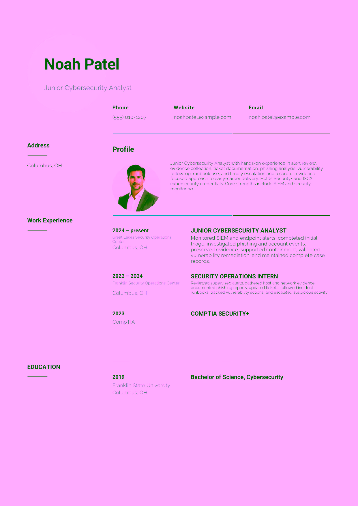 Entry-level Junior Cybersecurity Analyst resume example in the Pavo template focused on alert review, evidence collection, ticket documentation, phishing analysis, vulnerability follow-up, runbook use, and timely escalation.