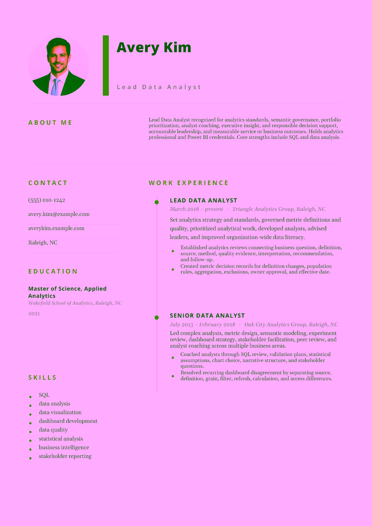 Advanced Lead Data Analyst resume example in the Pegasus template focused on analytics standards, semantic governance, portfolio prioritization, analyst coaching, executive insight, and responsible decision support.