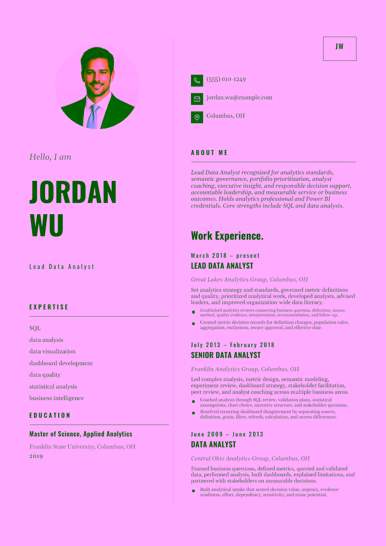 Advanced Lead Data Analyst resume example in the Equuleus template focused on analytics standards, semantic governance, portfolio prioritization, analyst coaching, executive insight, and responsible decision support.