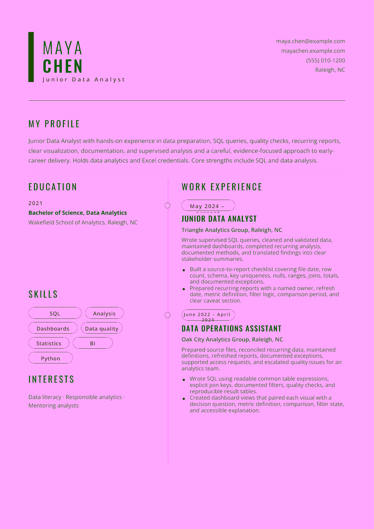 Entry-level Junior Data Analyst resume example in the Caelum template focused on data preparation, SQL queries, quality checks, recurring reports, clear visualization, documentation, and supervised analysis.