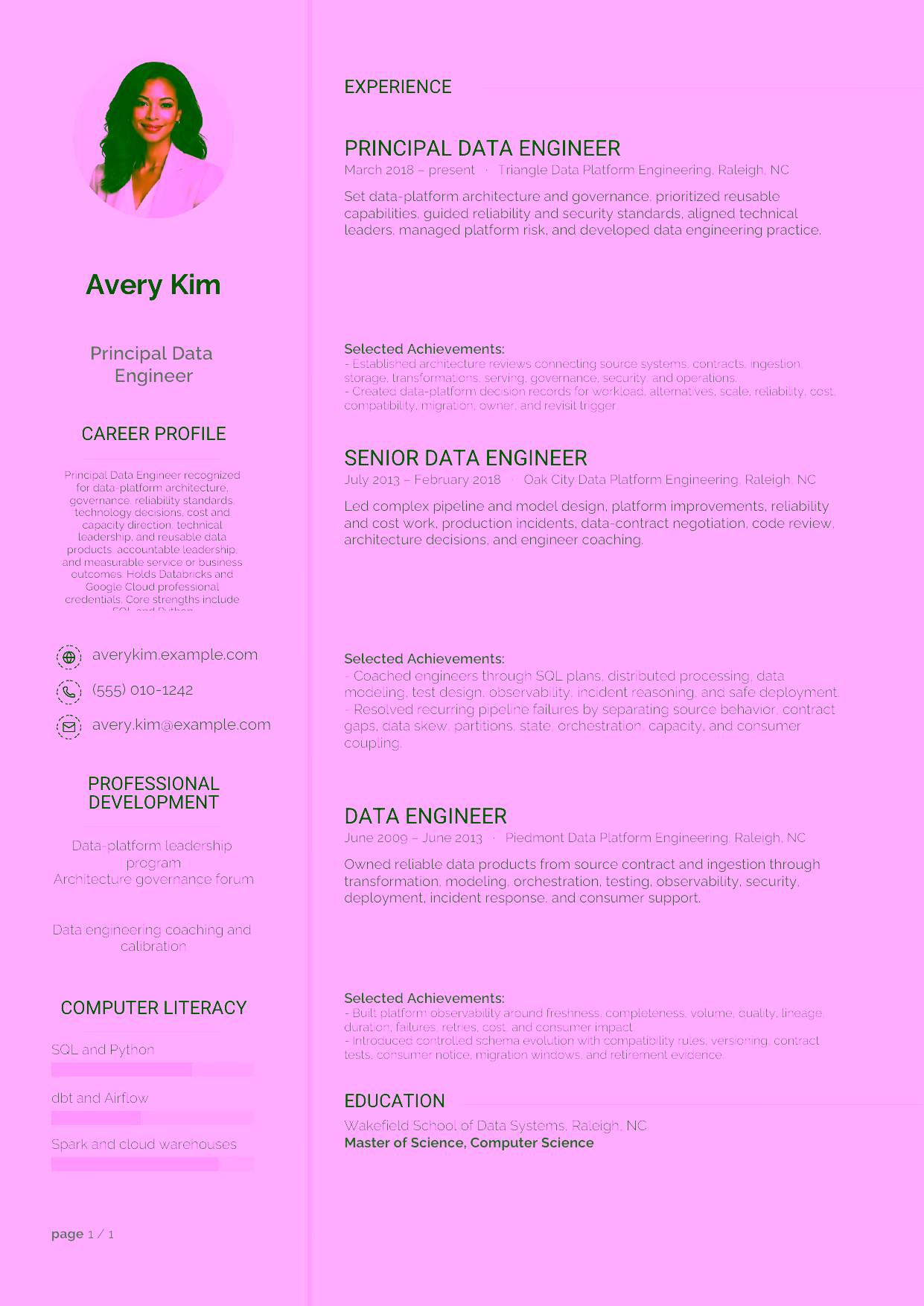 Advanced Principal Data Engineer resume example in the Synnove template focused on data-platform architecture, governance, reliability standards, technology decisions, cost and capacity direction, technical leadership, and reusable data products.