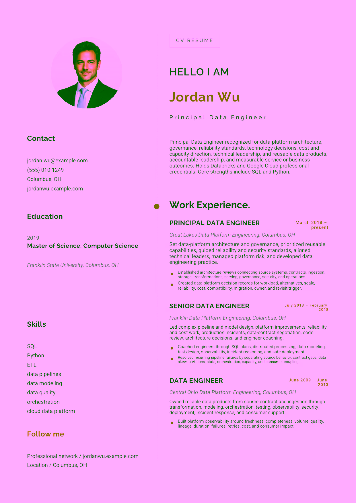 Advanced Principal Data Engineer resume example in the Eridanus template focused on data-platform architecture, governance, reliability standards, technology decisions, cost and capacity direction, technical leadership, and reusable data products.