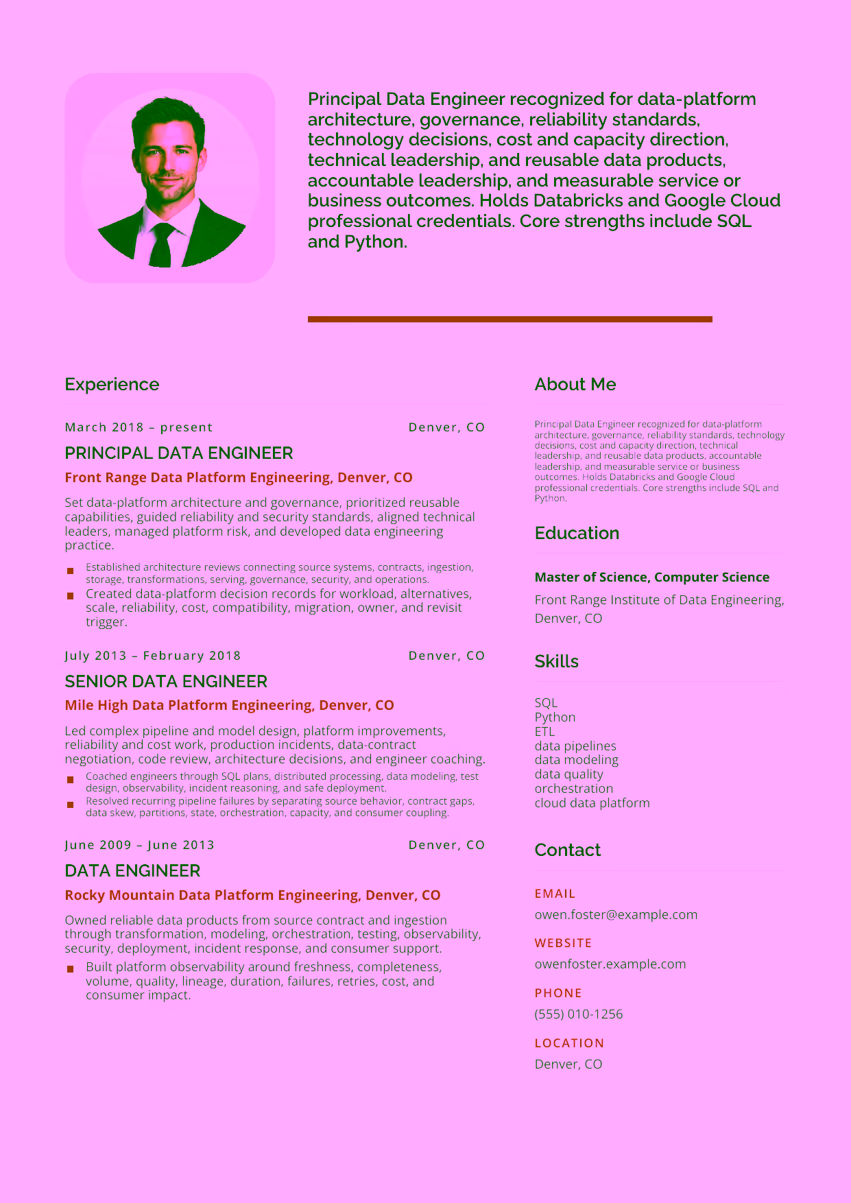 Advanced Principal Data Engineer resume example in the Andromeda template focused on data-platform architecture, governance, reliability standards, technology decisions, cost and capacity direction, technical leadership, and reusable data products.