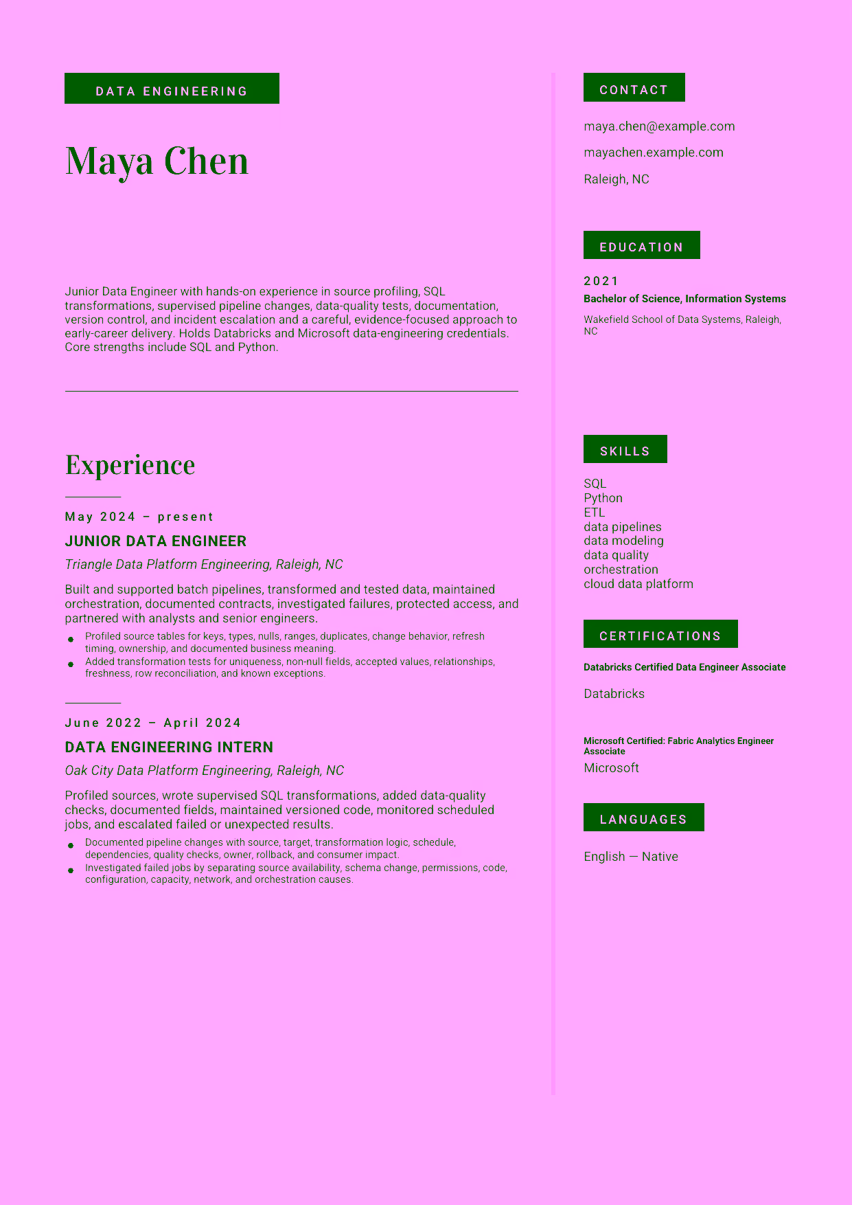Entry-level Junior Data Engineer resume example in the Aquila template focused on source profiling, SQL transformations, supervised pipeline changes, data-quality tests, documentation, version control, and incident escalation.