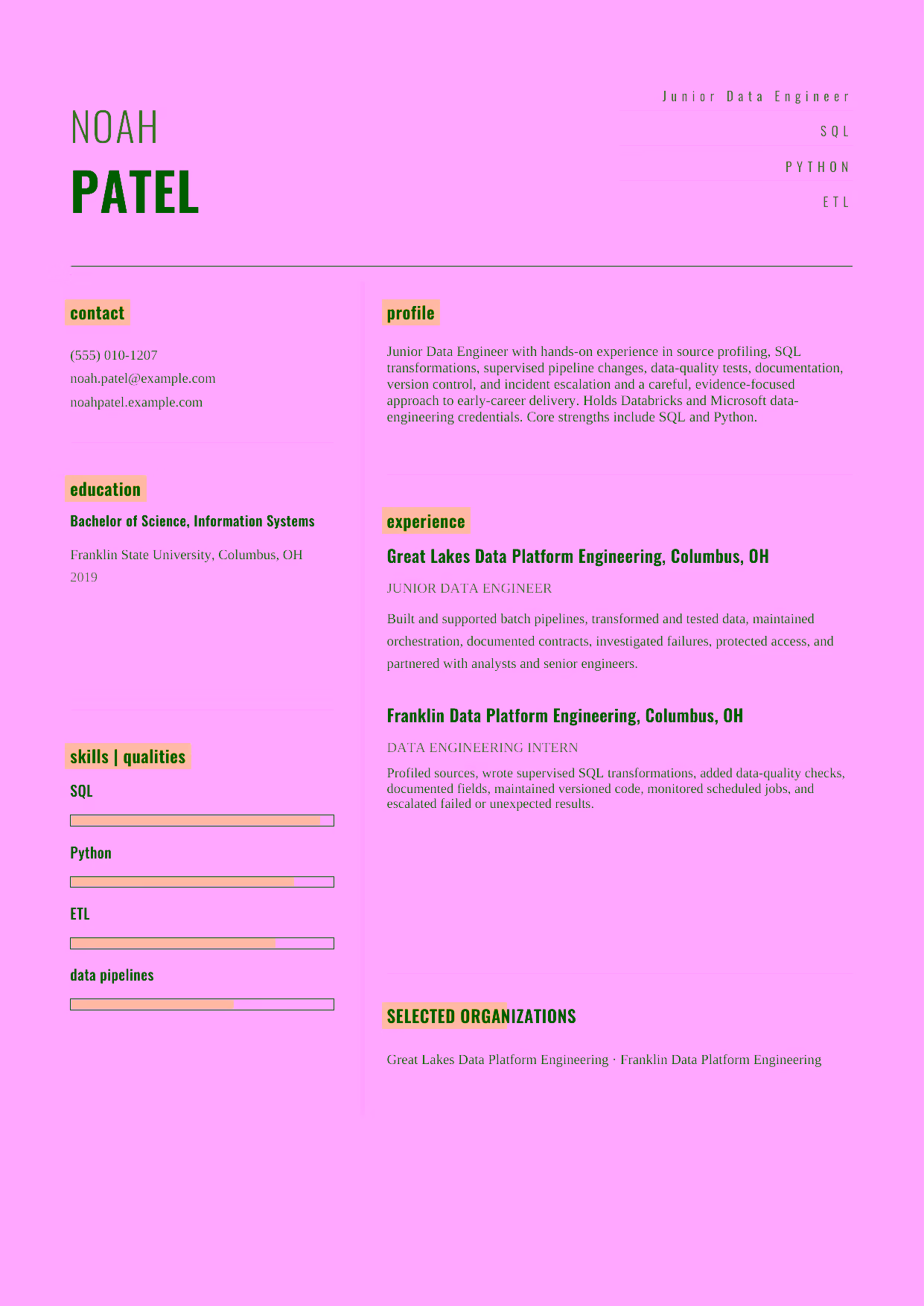 Entry-level Junior Data Engineer resume example in the Dorado template focused on source profiling, SQL transformations, supervised pipeline changes, data-quality tests, documentation, version control, and incident escalation.
