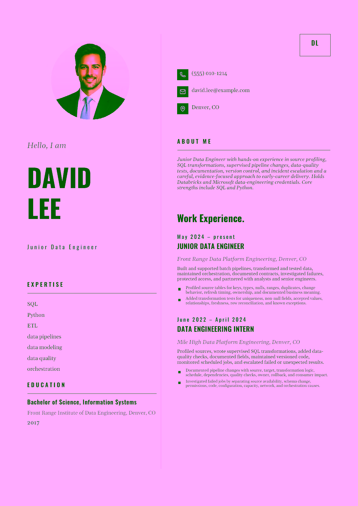 Entry-level Junior Data Engineer resume example in the Equuleus template focused on source profiling, SQL transformations, supervised pipeline changes, data-quality tests, documentation, version control, and incident escalation.
