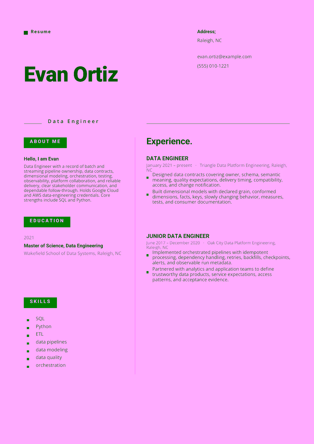 Mid-level Data Engineer resume example in the Indus template focused on batch and streaming pipeline ownership, data contracts, dimensional modeling, orchestration, testing, observability, platform collaboration, and reliable delivery.