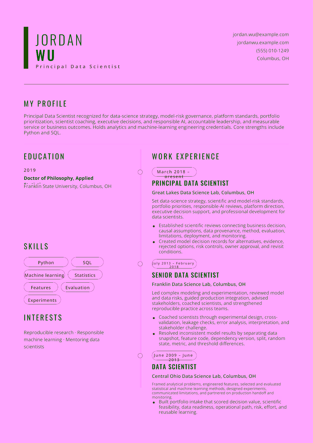 Advanced Principal Data Scientist resume example in the Caelum template focused on data-science strategy, model-risk governance, platform standards, portfolio prioritization, scientist coaching, executive decisions, and responsible AI.