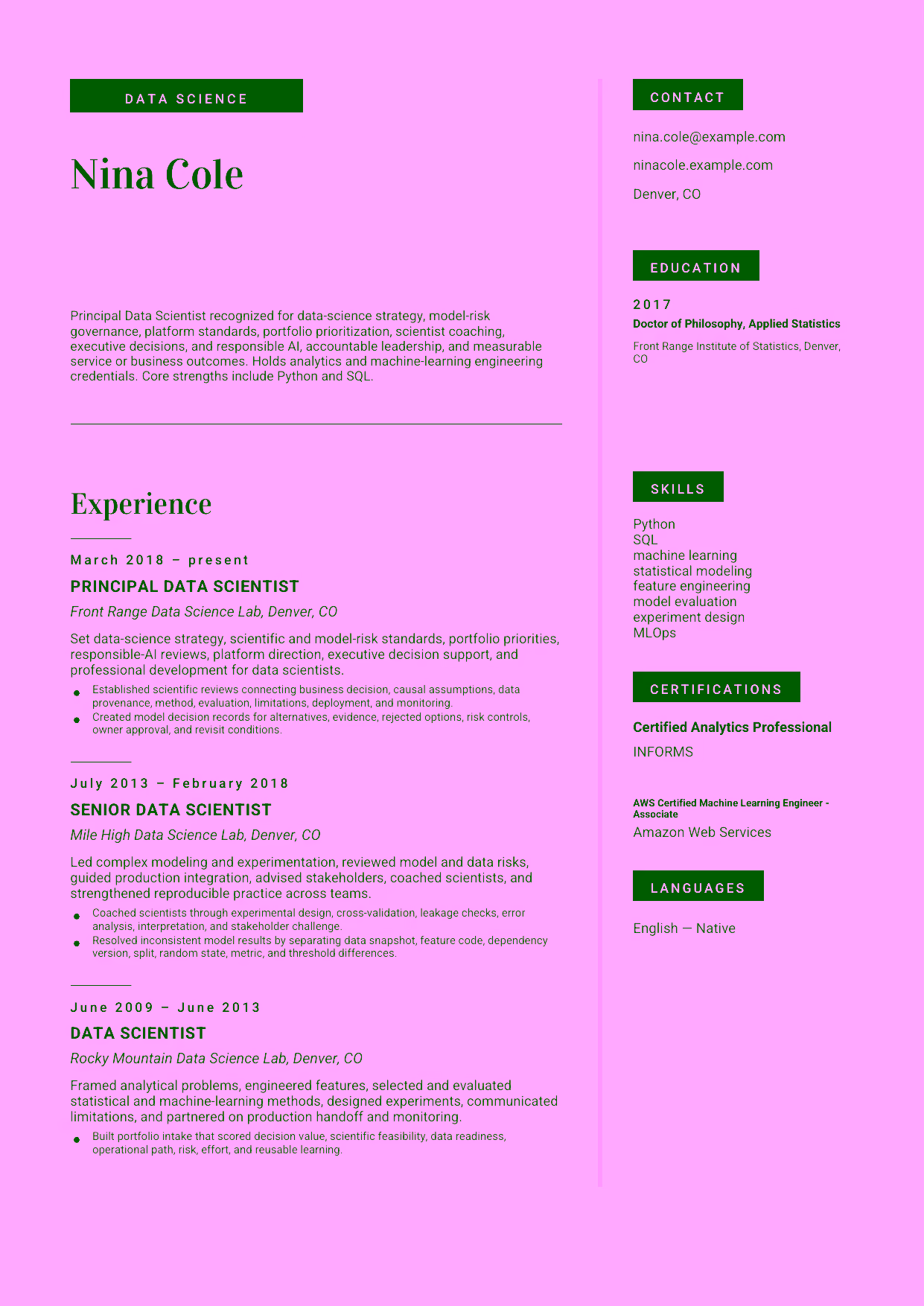 Advanced Principal Data Scientist resume example in the Aquila template focused on data-science strategy, model-risk governance, platform standards, portfolio prioritization, scientist coaching, executive decisions, and responsible AI.