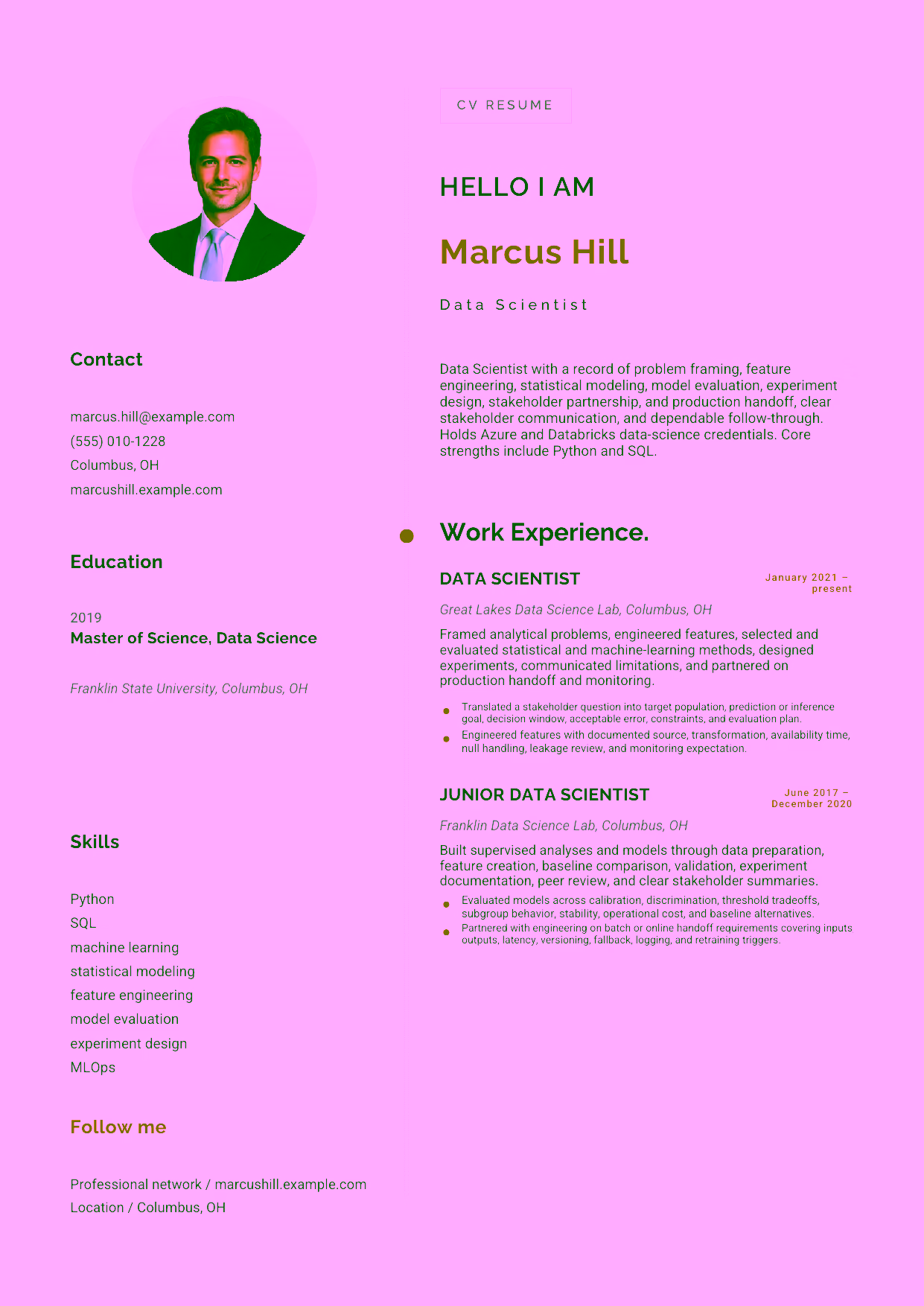 Mid-level Data Scientist resume example in the Eridanus template focused on problem framing, feature engineering, statistical modeling, model evaluation, experiment design, stakeholder partnership, and production handoff.