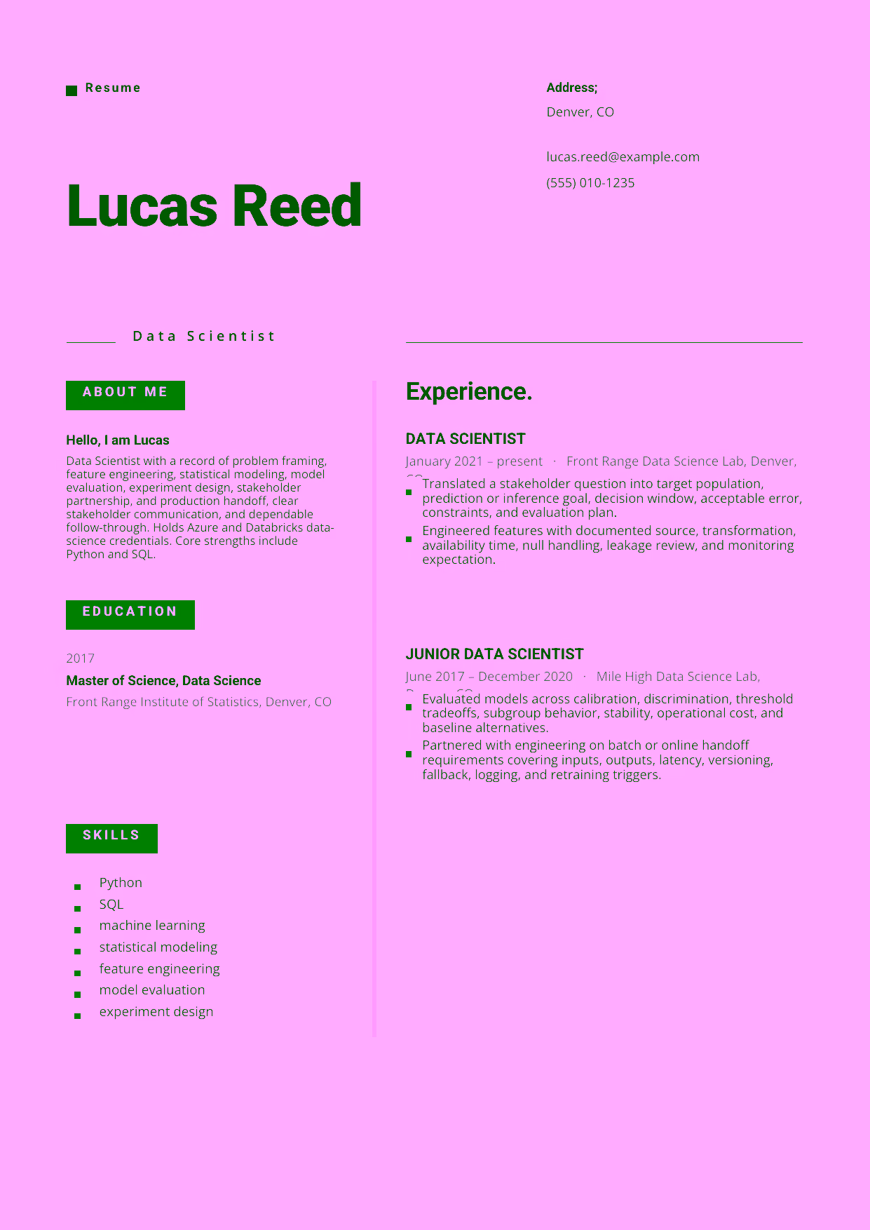 Mid-level Data Scientist resume example in the Indus template focused on problem framing, feature engineering, statistical modeling, model evaluation, experiment design, stakeholder partnership, and production handoff.