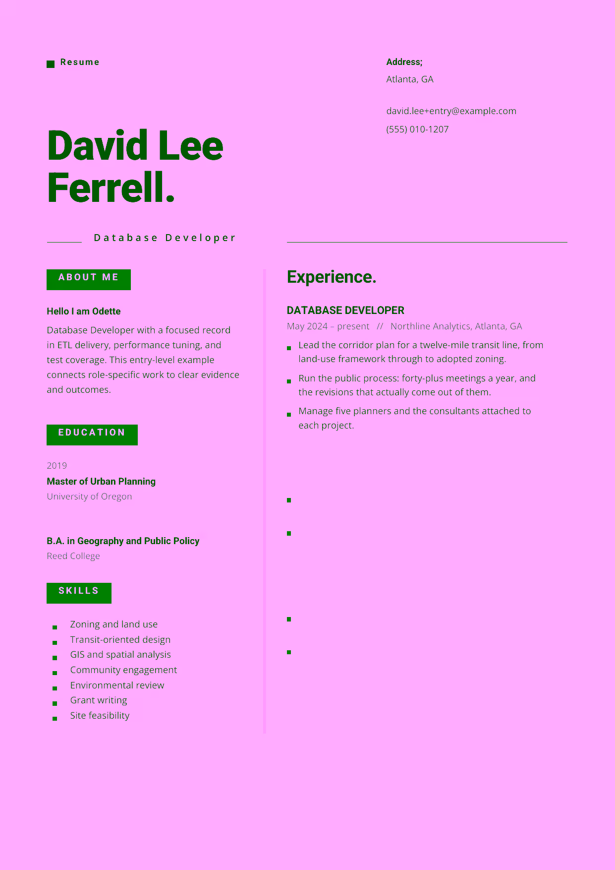 Entry-level Database Developer resume example in the Indus template focused on SQL, data modeling, and reliable database foundations.