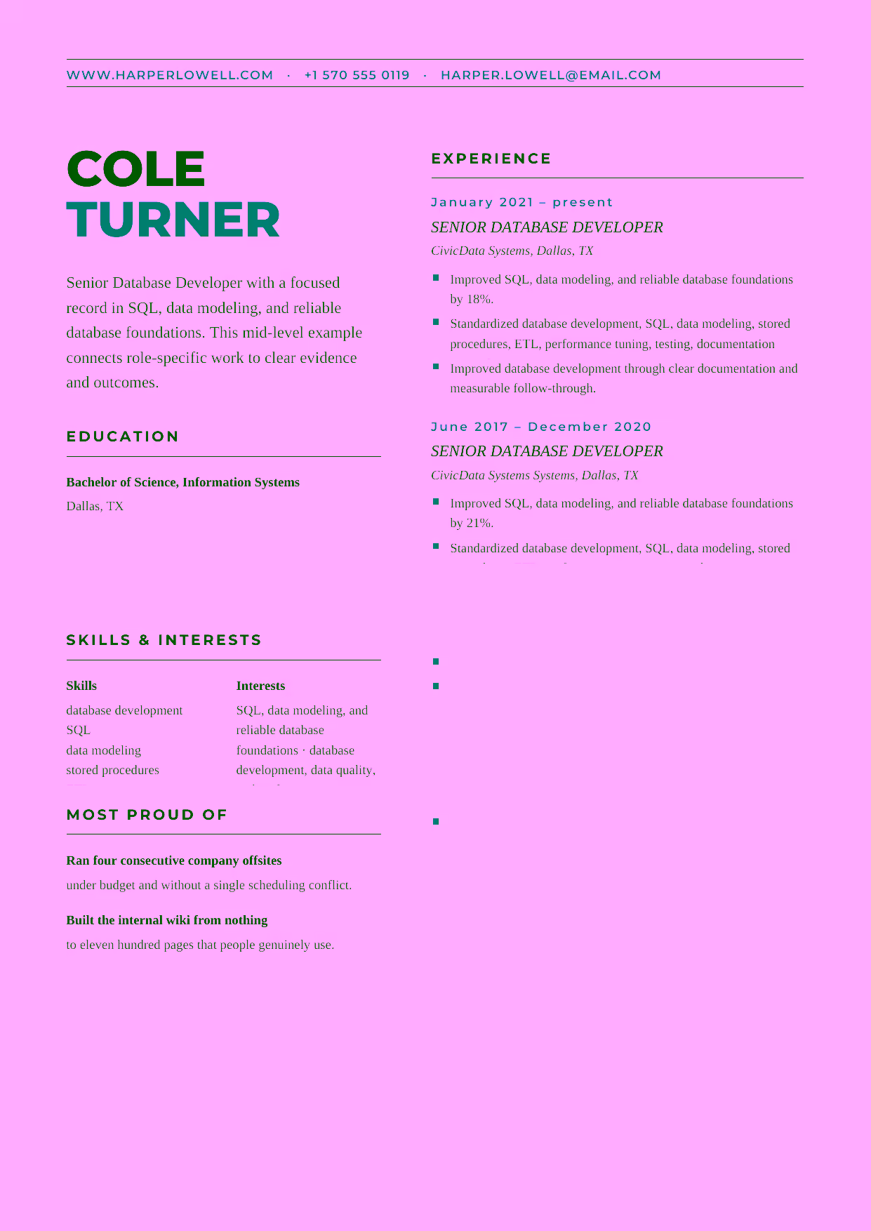 Mid-level Senior Database Developer resume example in the Bootes template focused on ETL delivery, performance tuning, and test coverage.