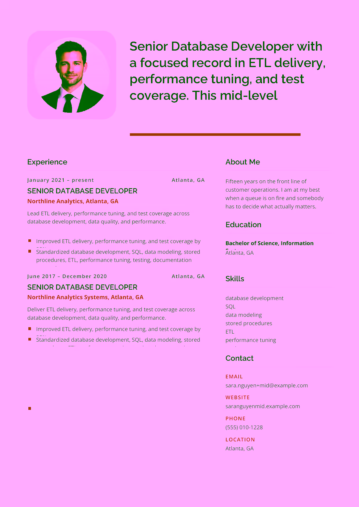 Mid-level Senior Database Developer resume example in the Andromeda template focused on ETL delivery, performance tuning, and test coverage.