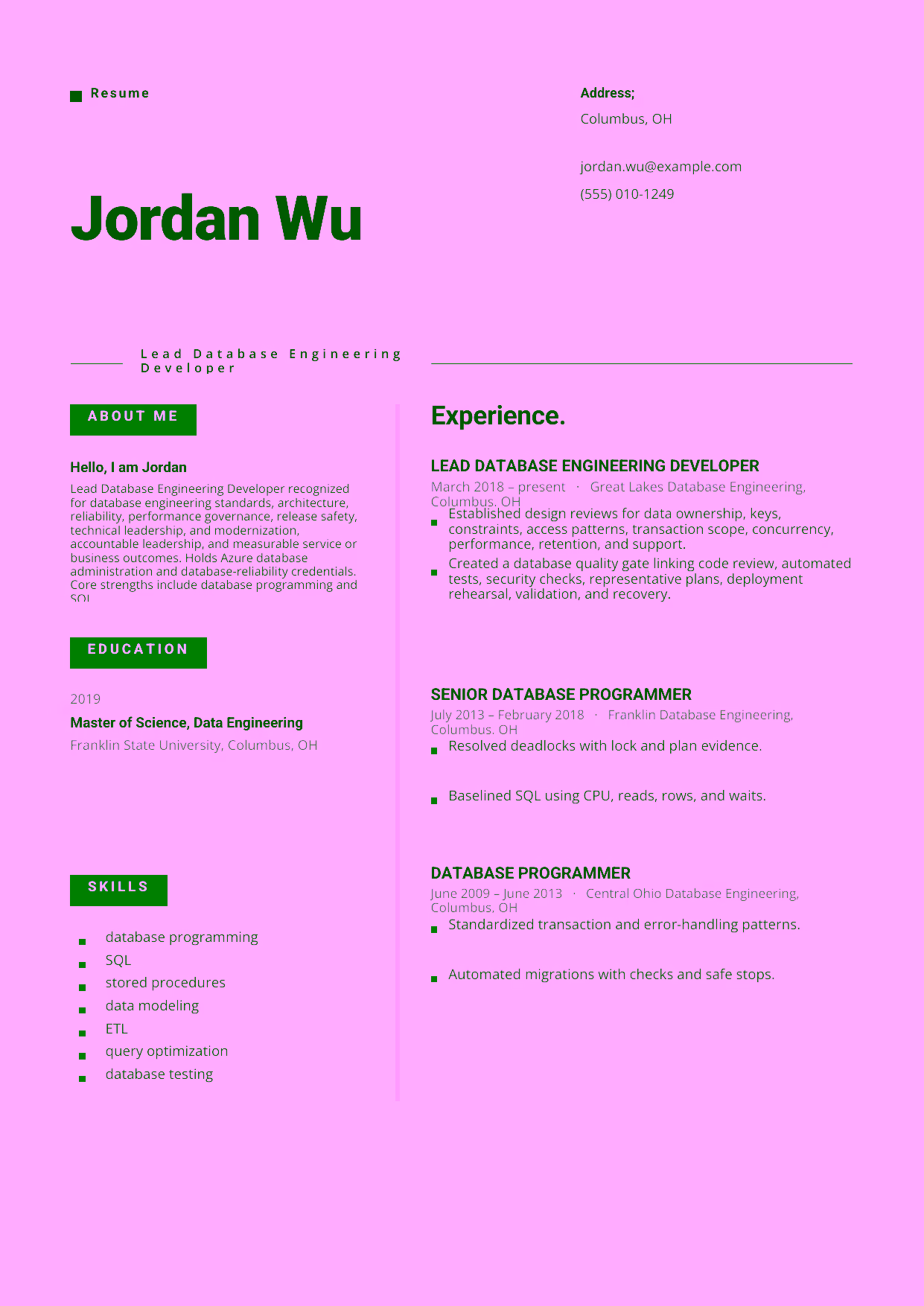 Advanced Lead Database Engineering Developer resume example in the Indus template focused on database engineering standards, architecture, reliability, performance governance, release safety, technical leadership, and modernization.