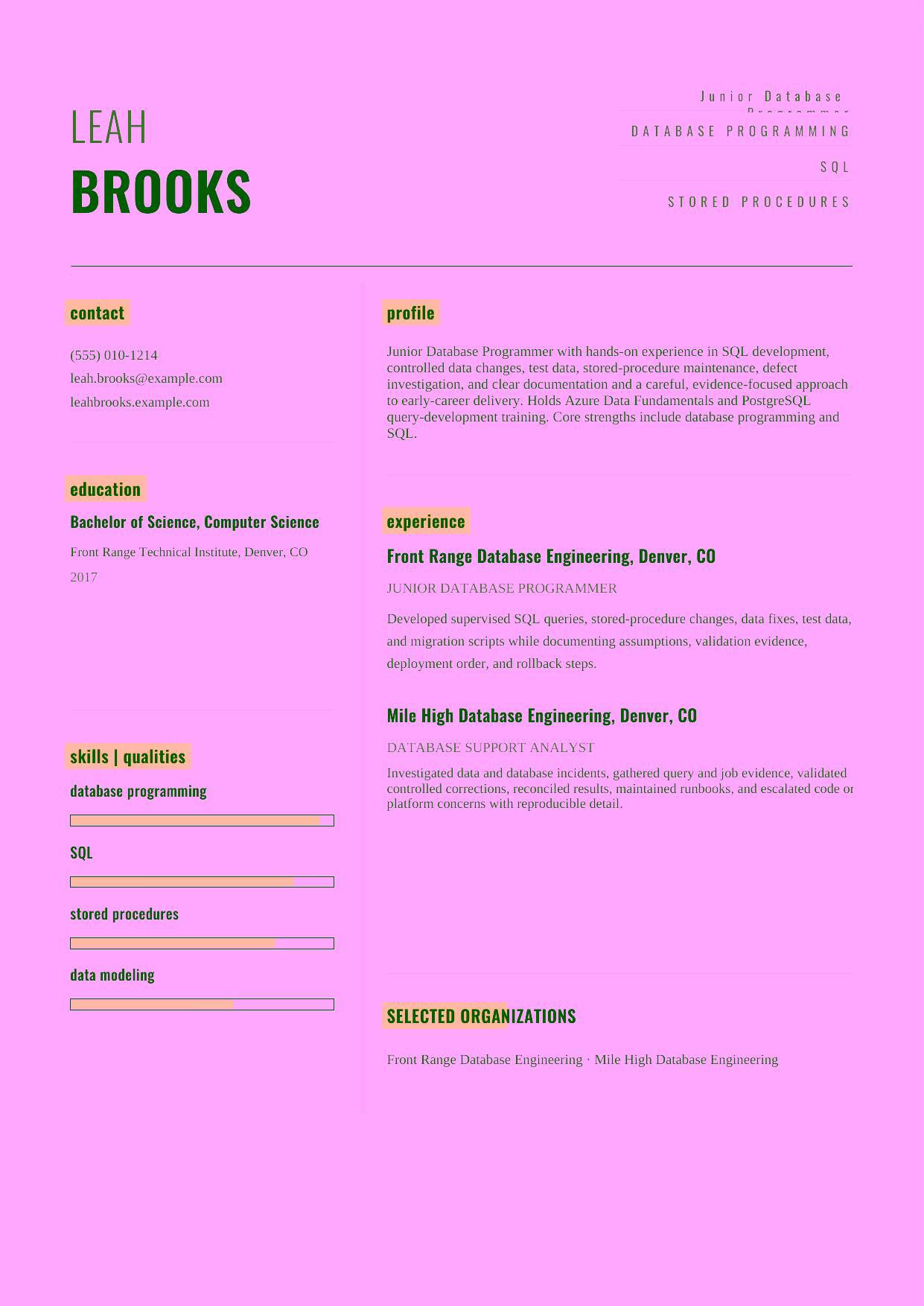 Entry-level Junior Database Programmer resume example in the Dorado template focused on SQL development, controlled data changes, test data, stored-procedure maintenance, defect investigation, and clear documentation.