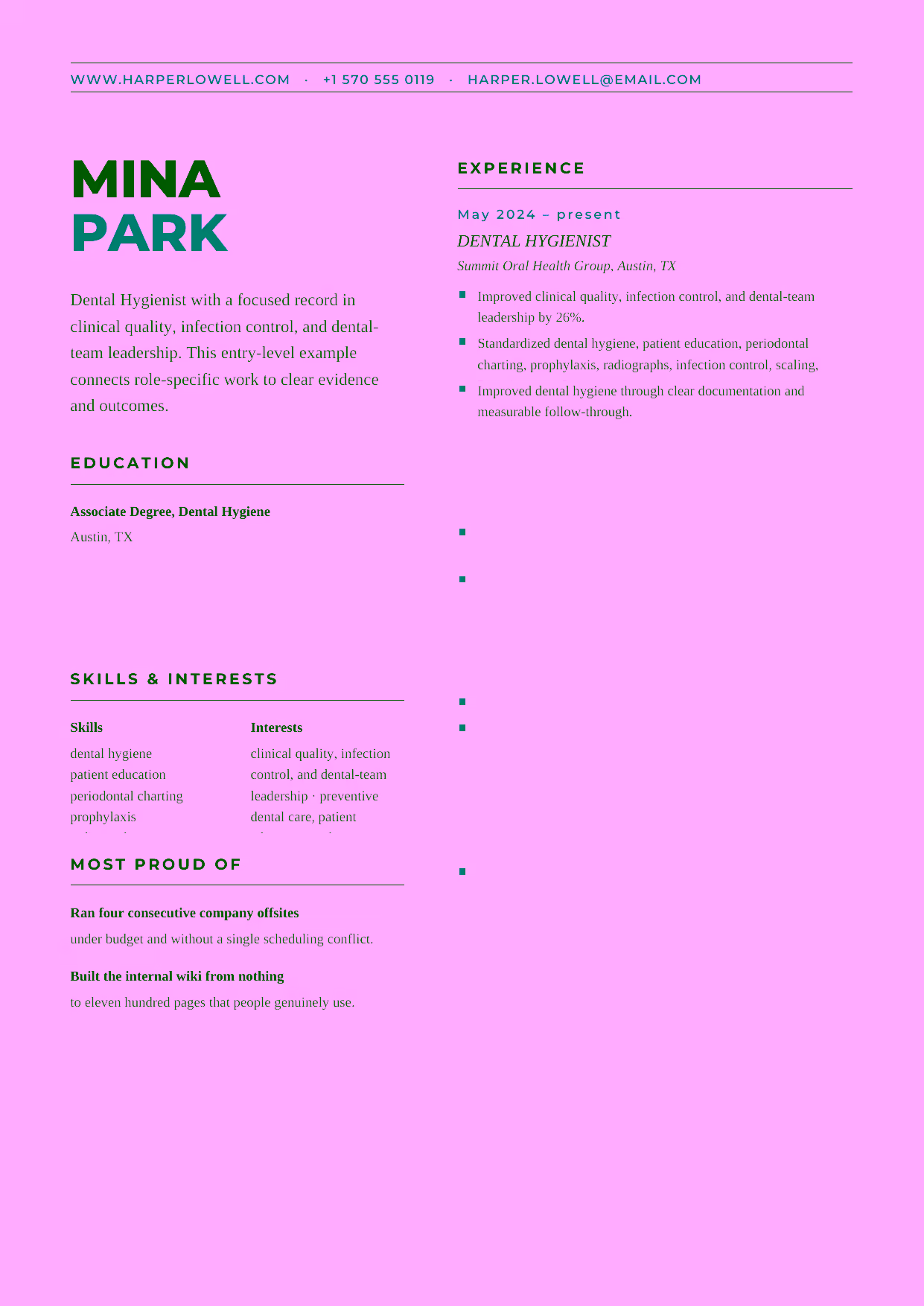 Entry-level Dental Hygienist resume example in the Bootes template focused on preventive care, patient education, and accurate periodontal charting.