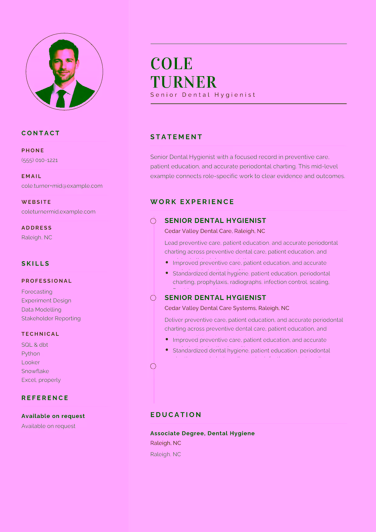 Mid-level Senior Dental Hygienist resume example in the Cetus template focused on scaling, radiographs, and calm chairside patient experience.