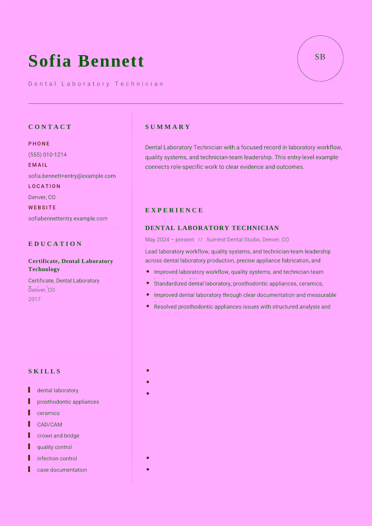 Entry-level Dental Laboratory Technician resume example in the Grus template focused on accurate dental-model preparation, appliance fabrication, and case documentation.