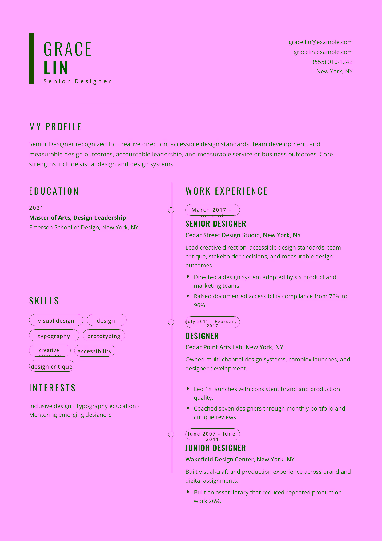 Advanced Senior Designer resume example in the Caelum template focused on creative direction, accessible design standards, team development, and measurable design outcomes.