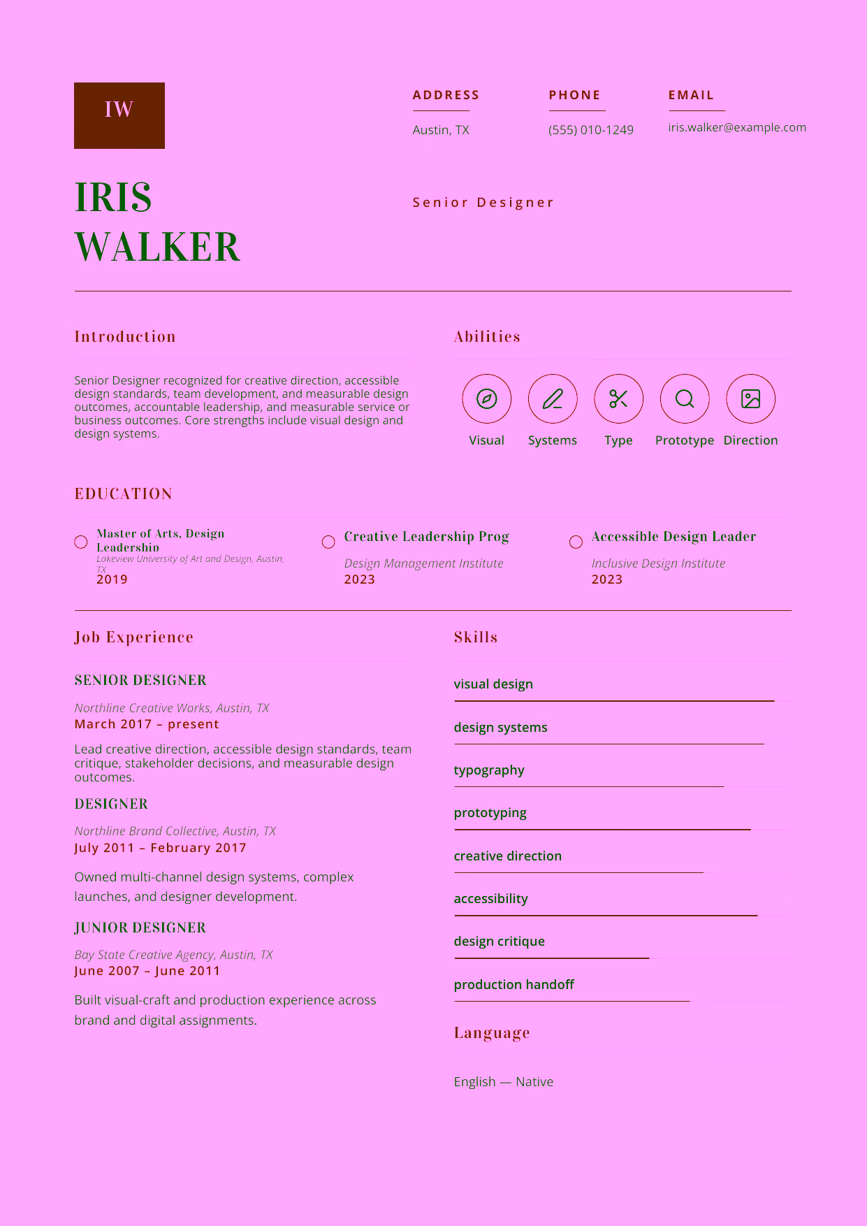 Advanced Senior Designer resume example in the Delphinus template focused on creative direction, accessible design standards, team development, and measurable design outcomes.