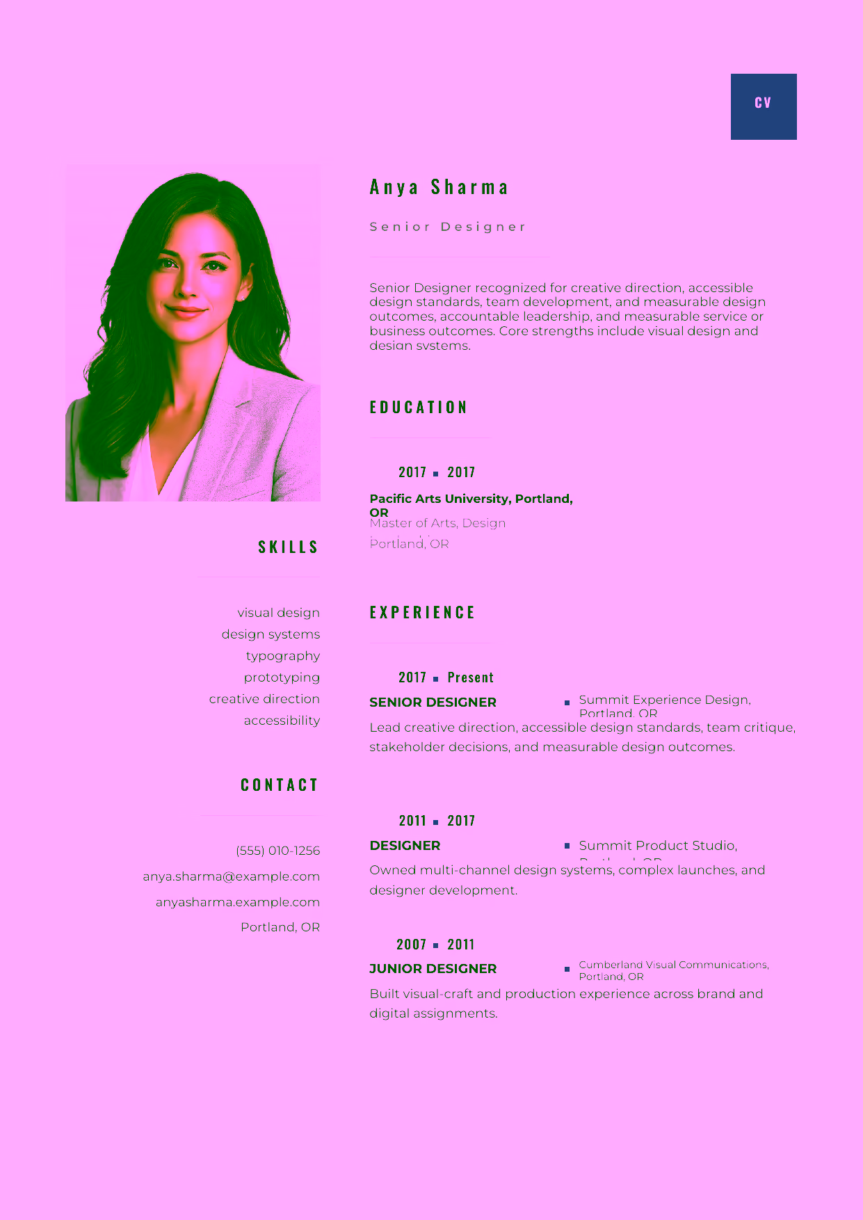 Advanced Senior Designer resume example in the Pyxis template focused on creative direction, accessible design standards, team development, and measurable design outcomes.