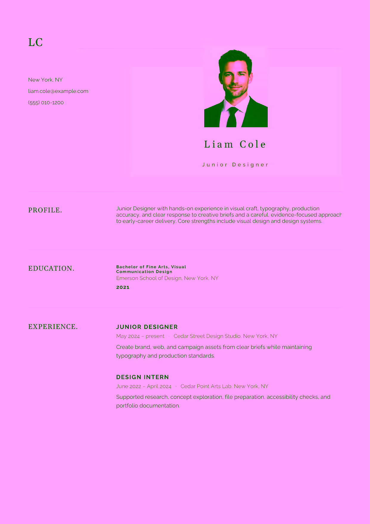 Entry-level Junior Designer resume example in the Norma template focused on visual craft, typography, production accuracy, and clear response to creative briefs.