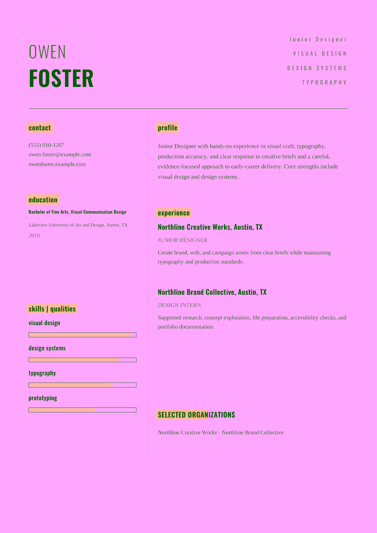 Entry-level Junior Designer resume example in the Dorado template focused on visual craft, typography, production accuracy, and clear response to creative briefs.