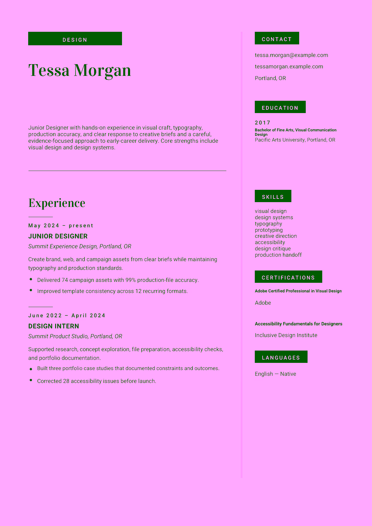 Entry-level Junior Designer resume example in the Aquila template focused on visual craft, typography, production accuracy, and clear response to creative briefs.