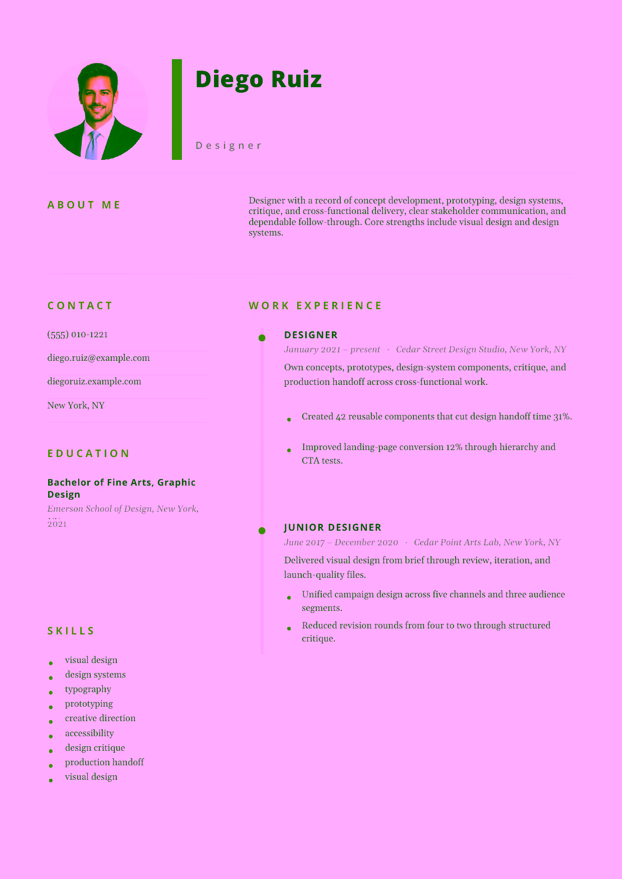 Mid-level Designer resume example in the Pegasus template focused on concept development, prototyping, design systems, critique, and cross-functional delivery.