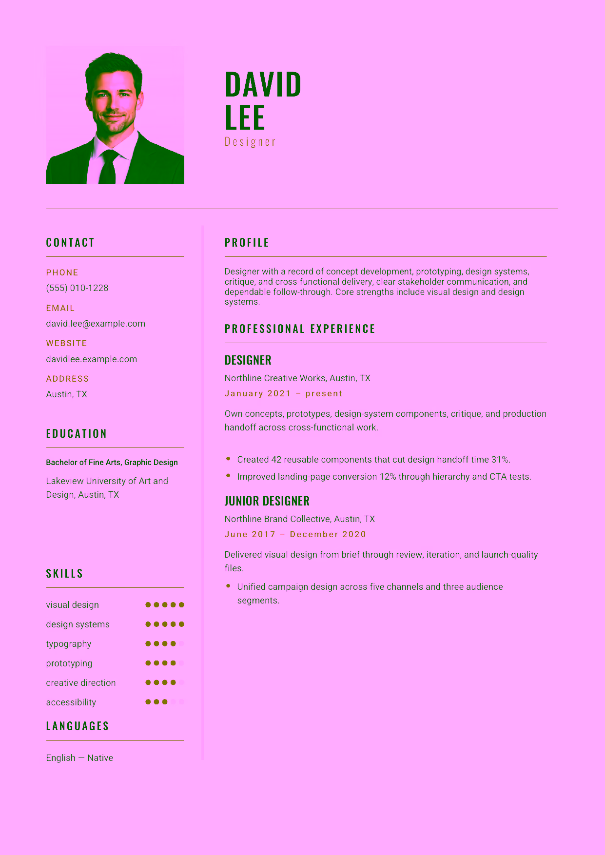 Mid-level Designer resume example in the Acamar template focused on concept development, prototyping, design systems, critique, and cross-functional delivery.
