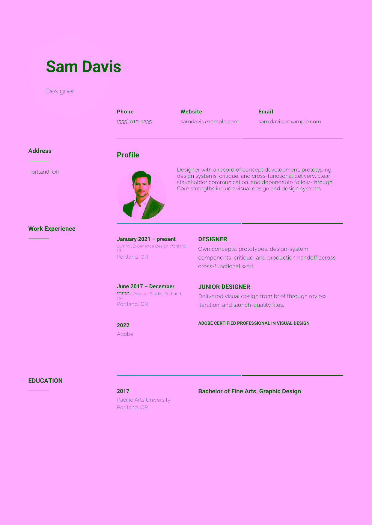 Mid-level Designer resume example in the Pavo template focused on concept development, prototyping, design systems, critique, and cross-functional delivery.
