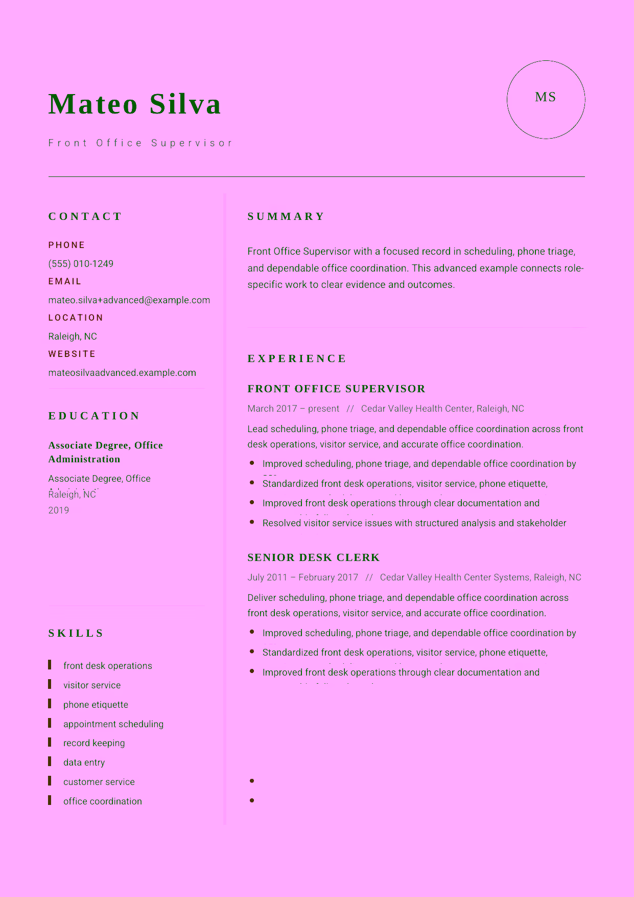 Advanced Front Office Supervisor resume example in the Grus template focused on front office standards, team coaching, and service operations.