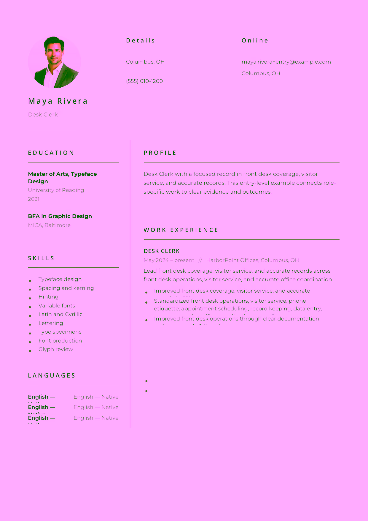 Entry-level Desk Clerk resume example in the Pictor template focused on front desk coverage, visitor service, and accurate records.