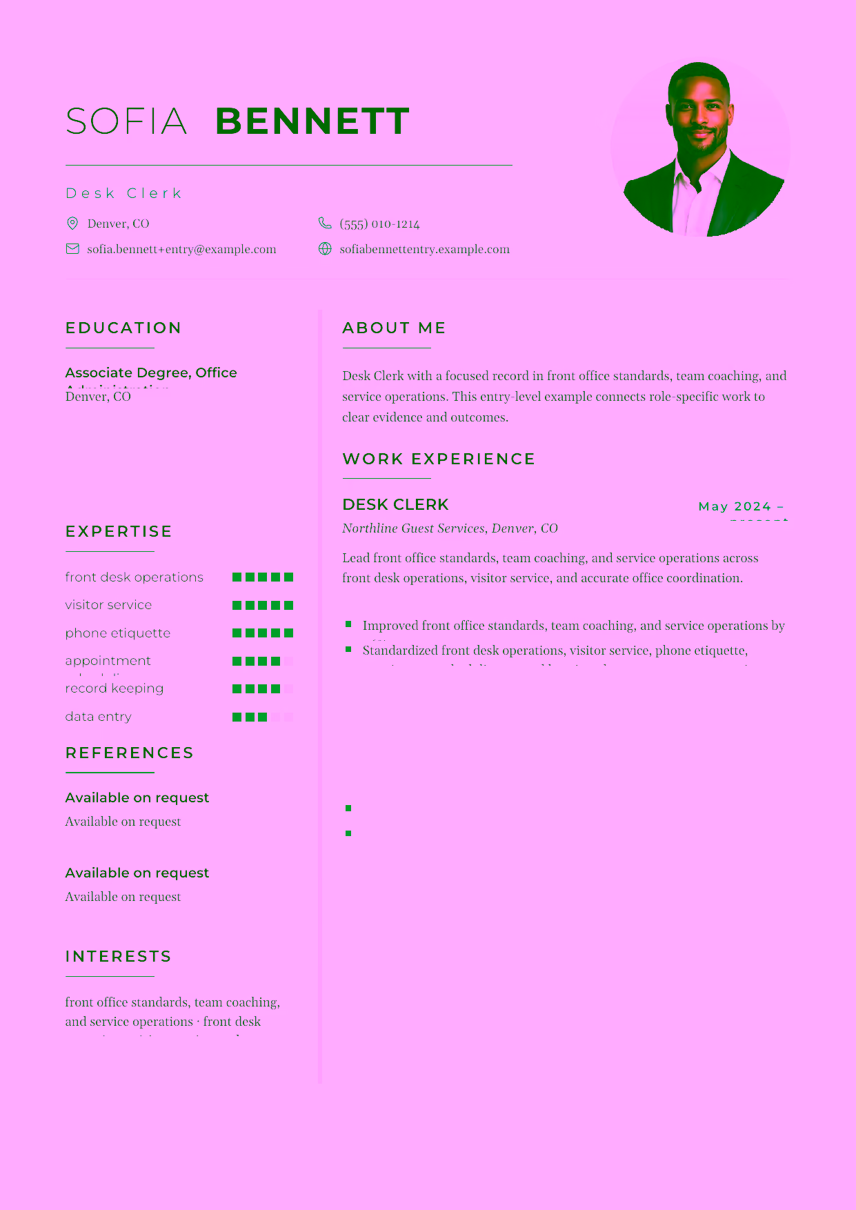 Entry-level Desk Clerk resume example in the Achernar template focused on front desk coverage, visitor service, and accurate records.