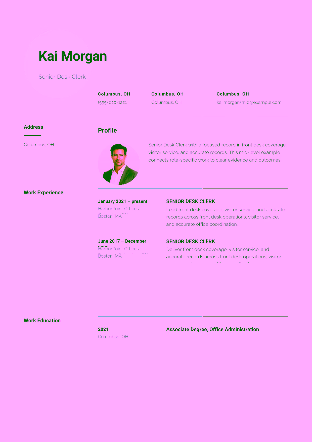 Mid-level Senior Desk Clerk resume example in the Pavo template focused on scheduling, phone triage, and dependable office coordination.