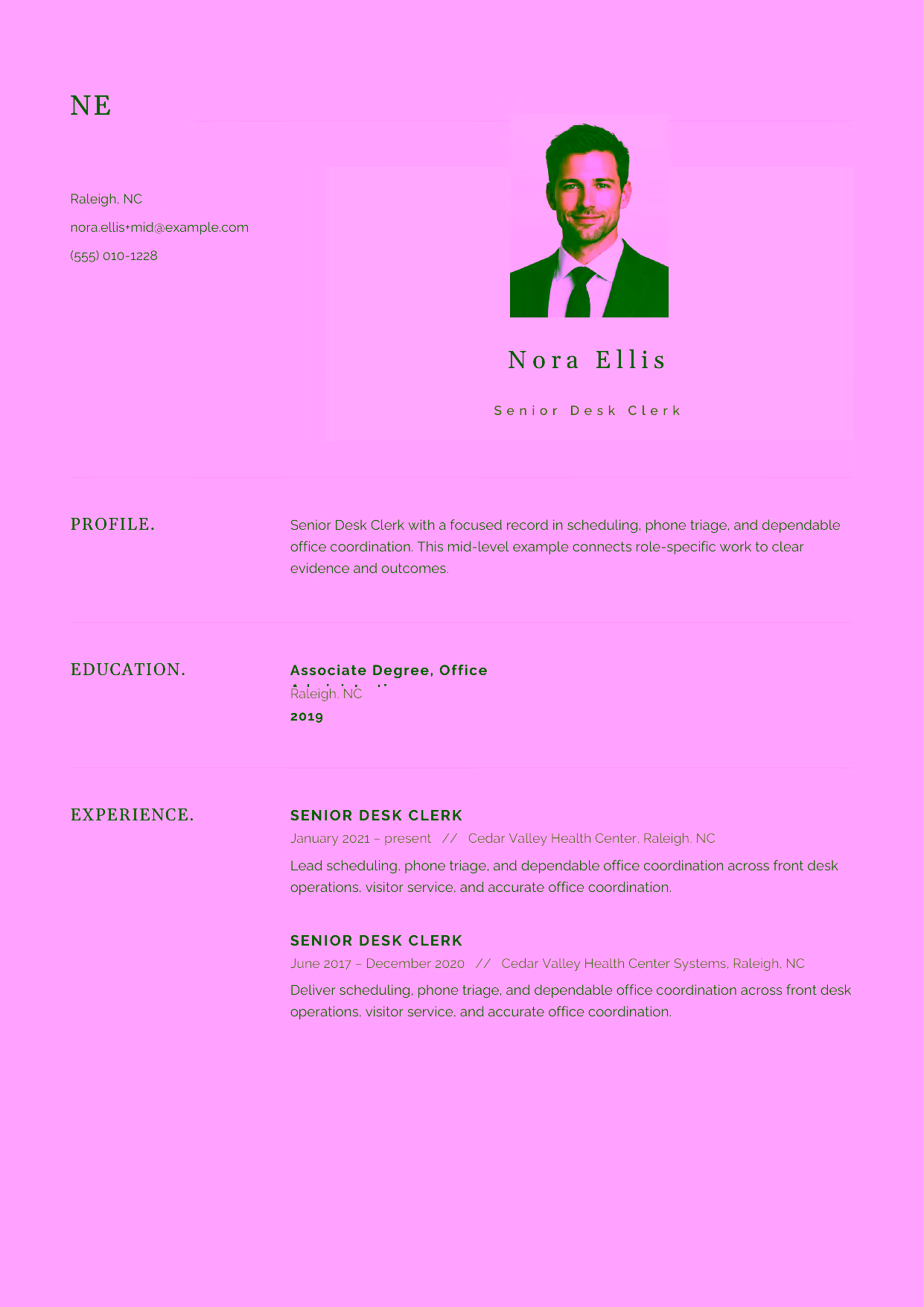 Mid-level Senior Desk Clerk resume example in the Norma template focused on scheduling, phone triage, and dependable office coordination.