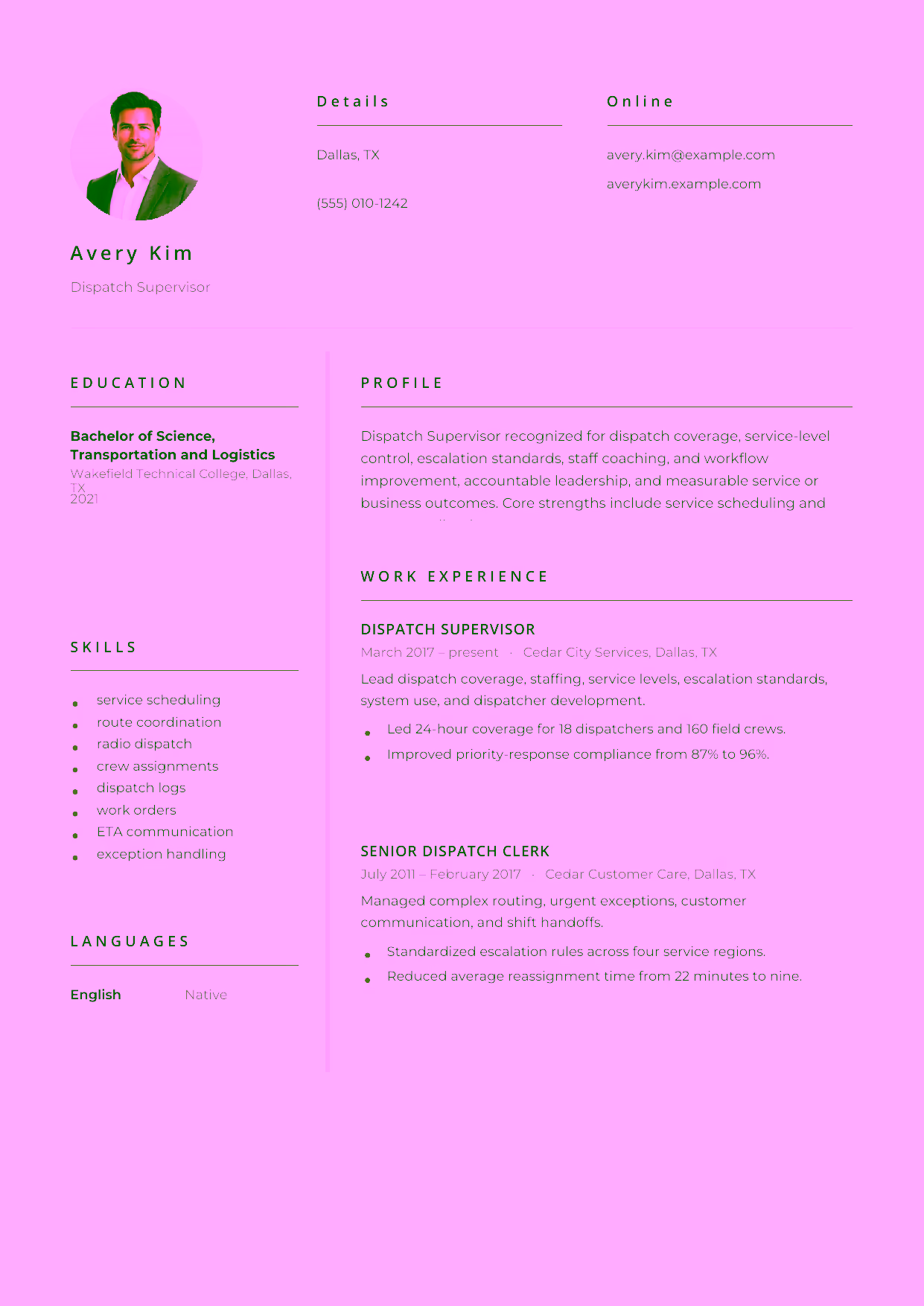 Advanced Dispatch Supervisor resume example in the Pictor template focused on dispatch coverage, service-level control, escalation standards, staff coaching, and workflow improvement.