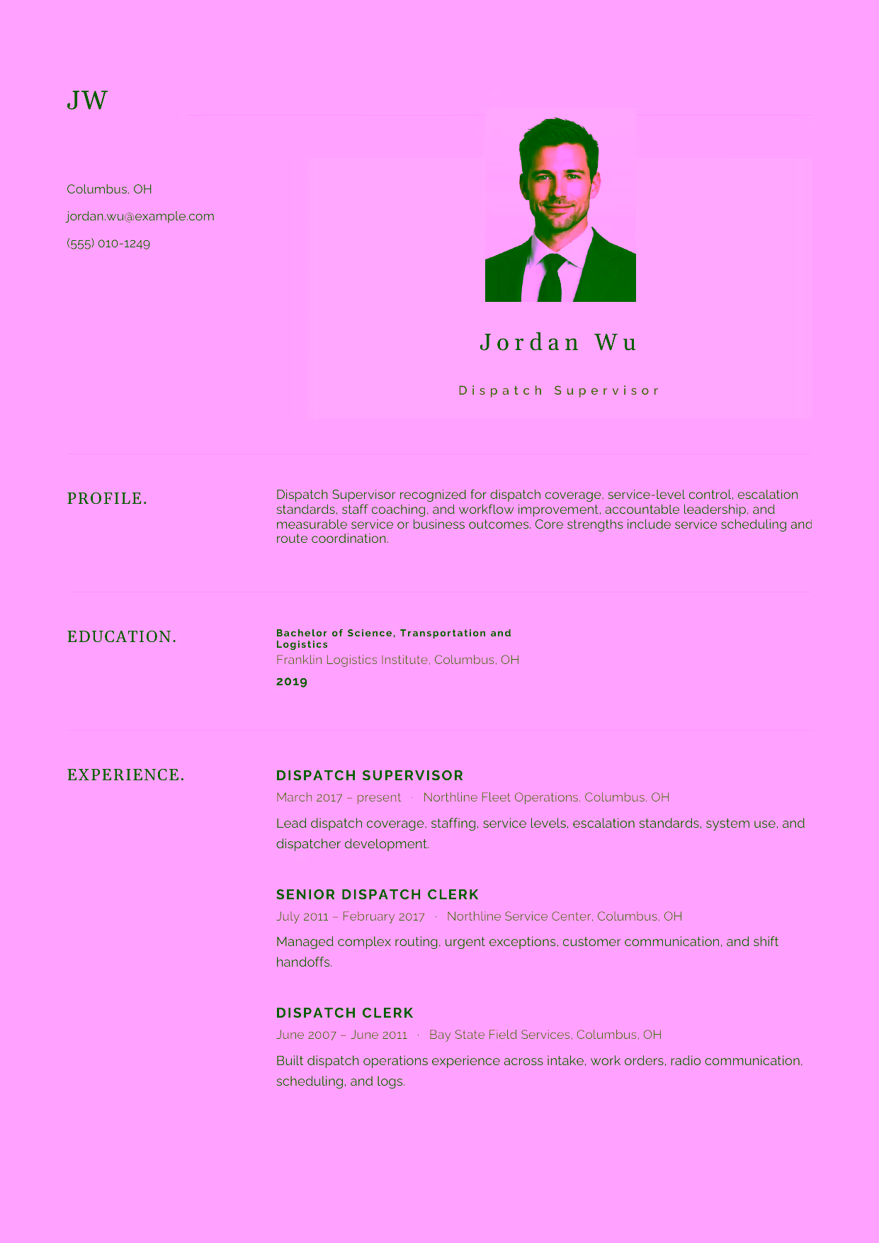 Advanced Dispatch Supervisor resume example in the Norma template focused on dispatch coverage, service-level control, escalation standards, staff coaching, and workflow improvement.