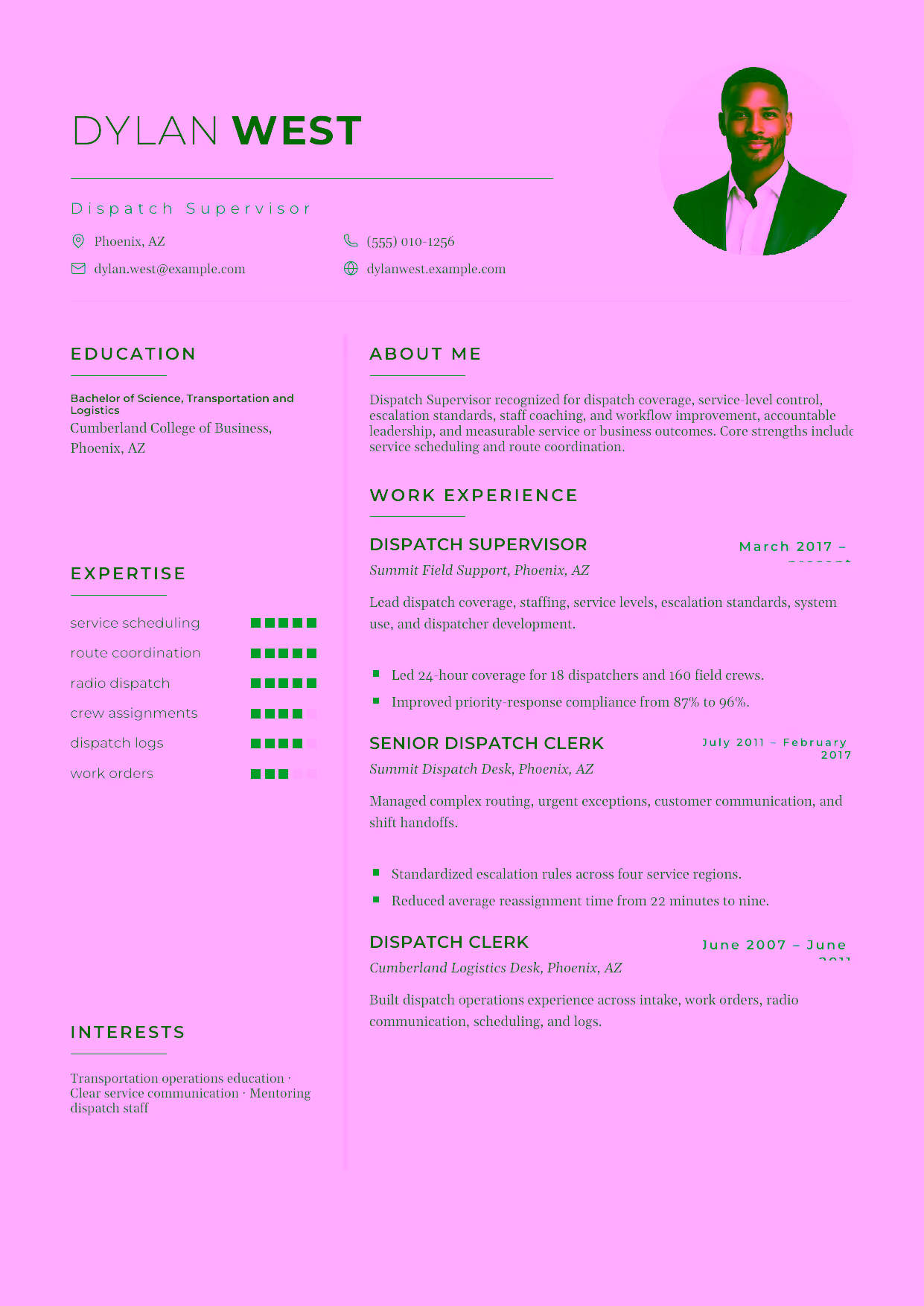 Advanced Dispatch Supervisor resume example in the Achernar template focused on dispatch coverage, service-level control, escalation standards, staff coaching, and workflow improvement.
